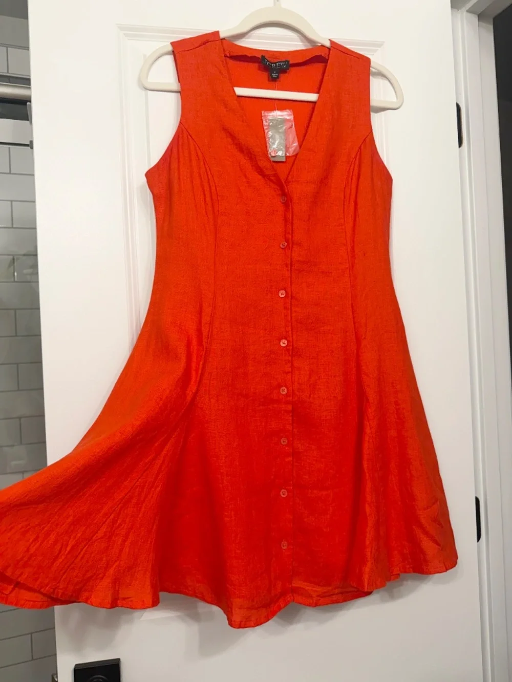 J. Crew red 100% linen mini dress with tie back detail NWT.